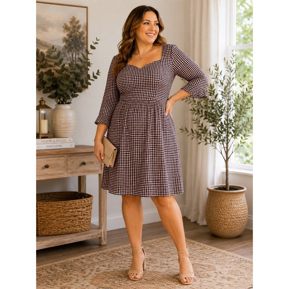 Abercrombie & Fitch XL Gingham Sweetheart Midi Dress Burgundy Black Long Sleeve - Picture 1 of 8